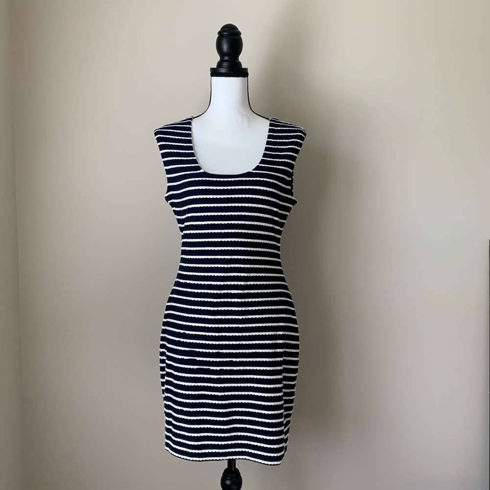 Guess Navy and White Striped Knit Bodycon Dress